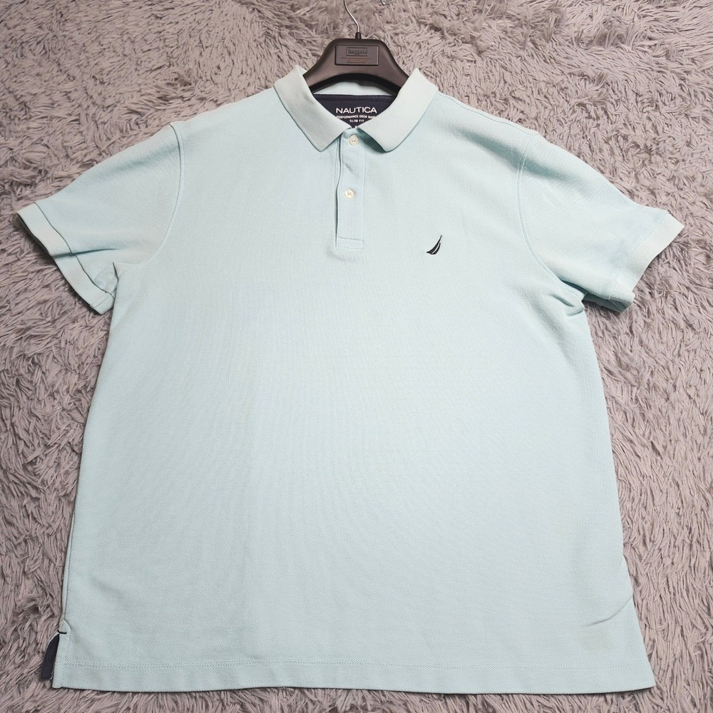 Nautica Polo Deck Shirt Mens XL Light Blue Teal Performance Slim Fit Boating